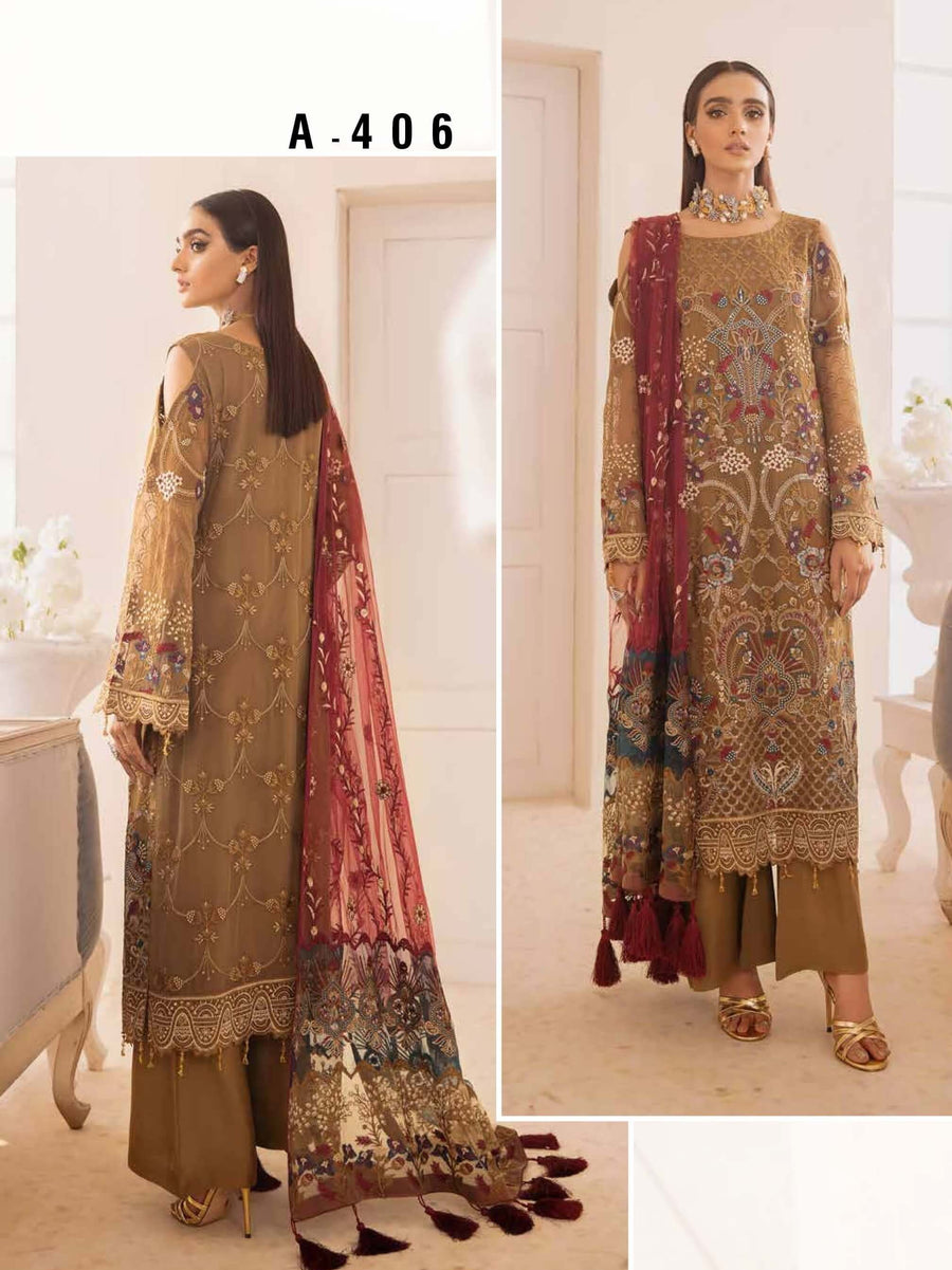 Ramsha Chevron Vol-04 Luxury Chiffon Unstitched 3pc Suit A-406 - FaisalFabrics.pk