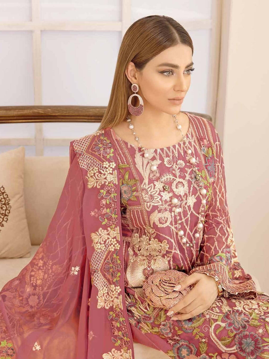 Ramsha Chevron Vol-04 Luxury Chiffon Unstitched 3pc Suit A-407 - FaisalFabrics.pk