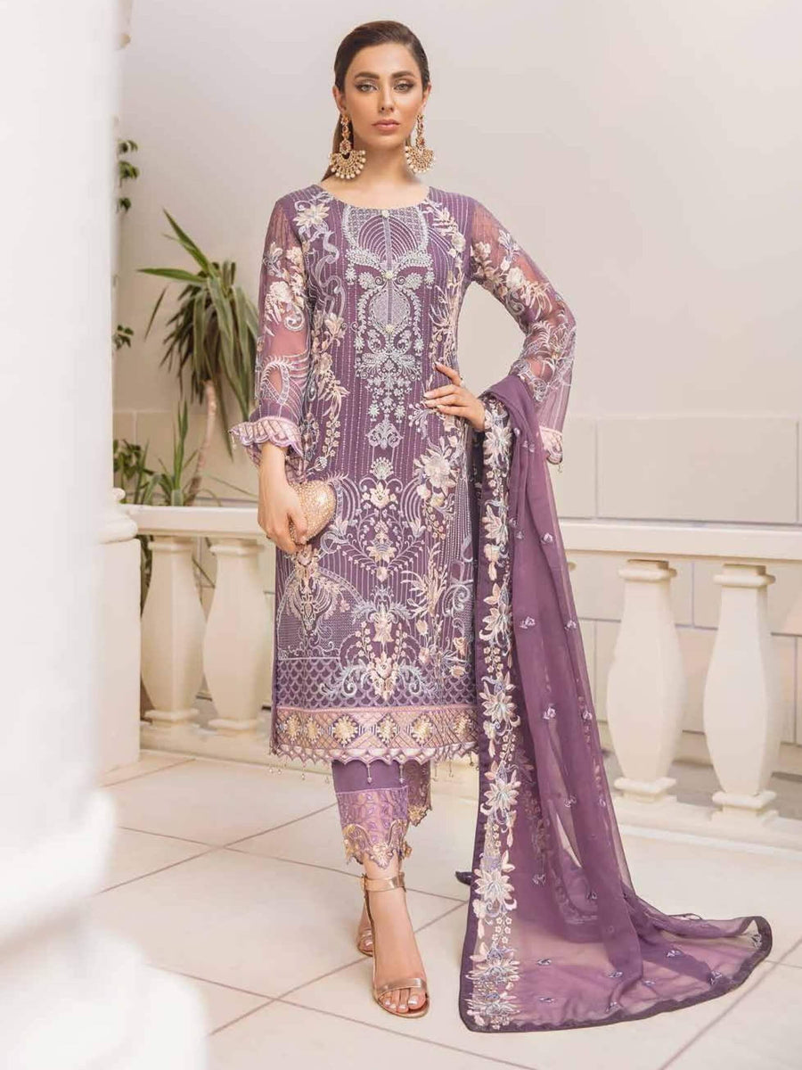 Ramsha Chevron Vol-04 Luxury Chiffon Unstitched 3pc Suit A-408 - FaisalFabrics.pk