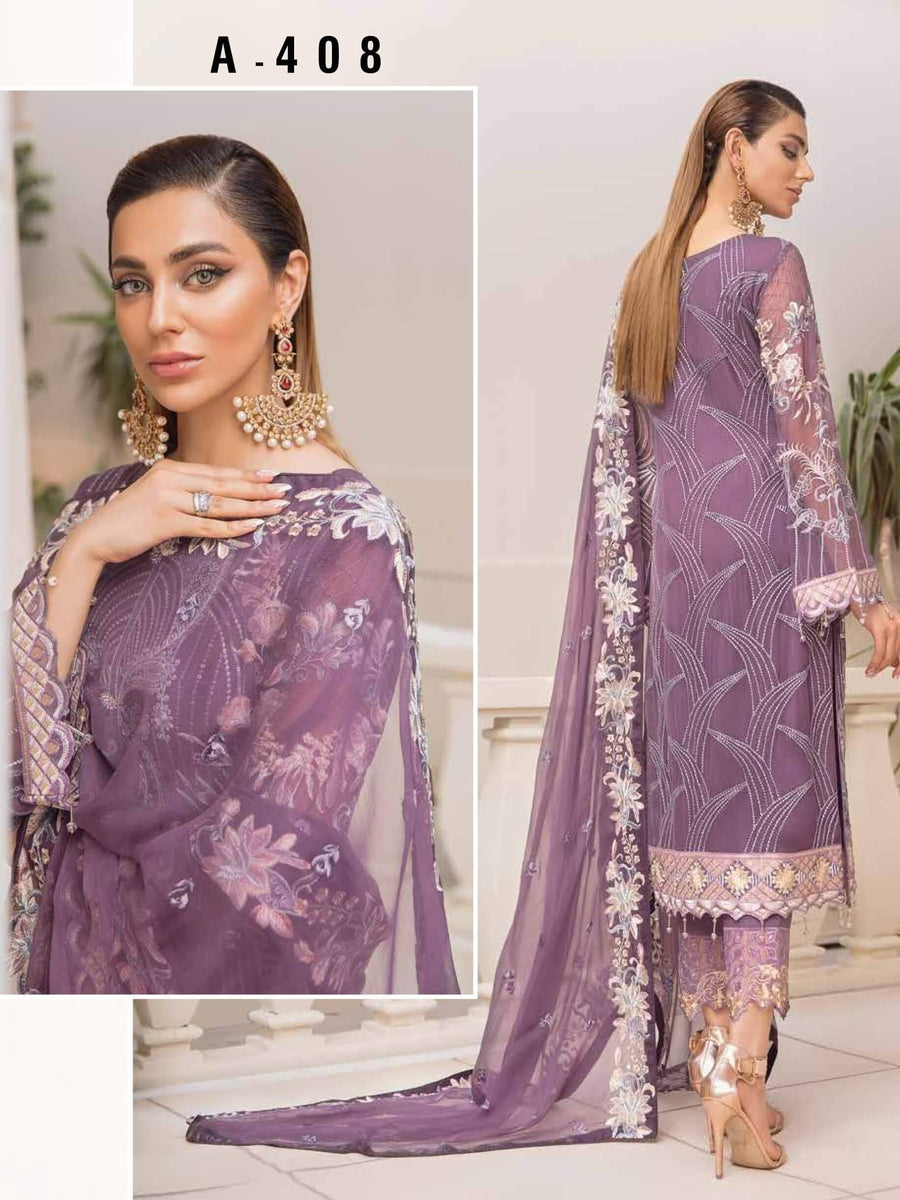 Ramsha Chevron Vol-04 Luxury Chiffon Unstitched 3pc Suit A-408 - FaisalFabrics.pk