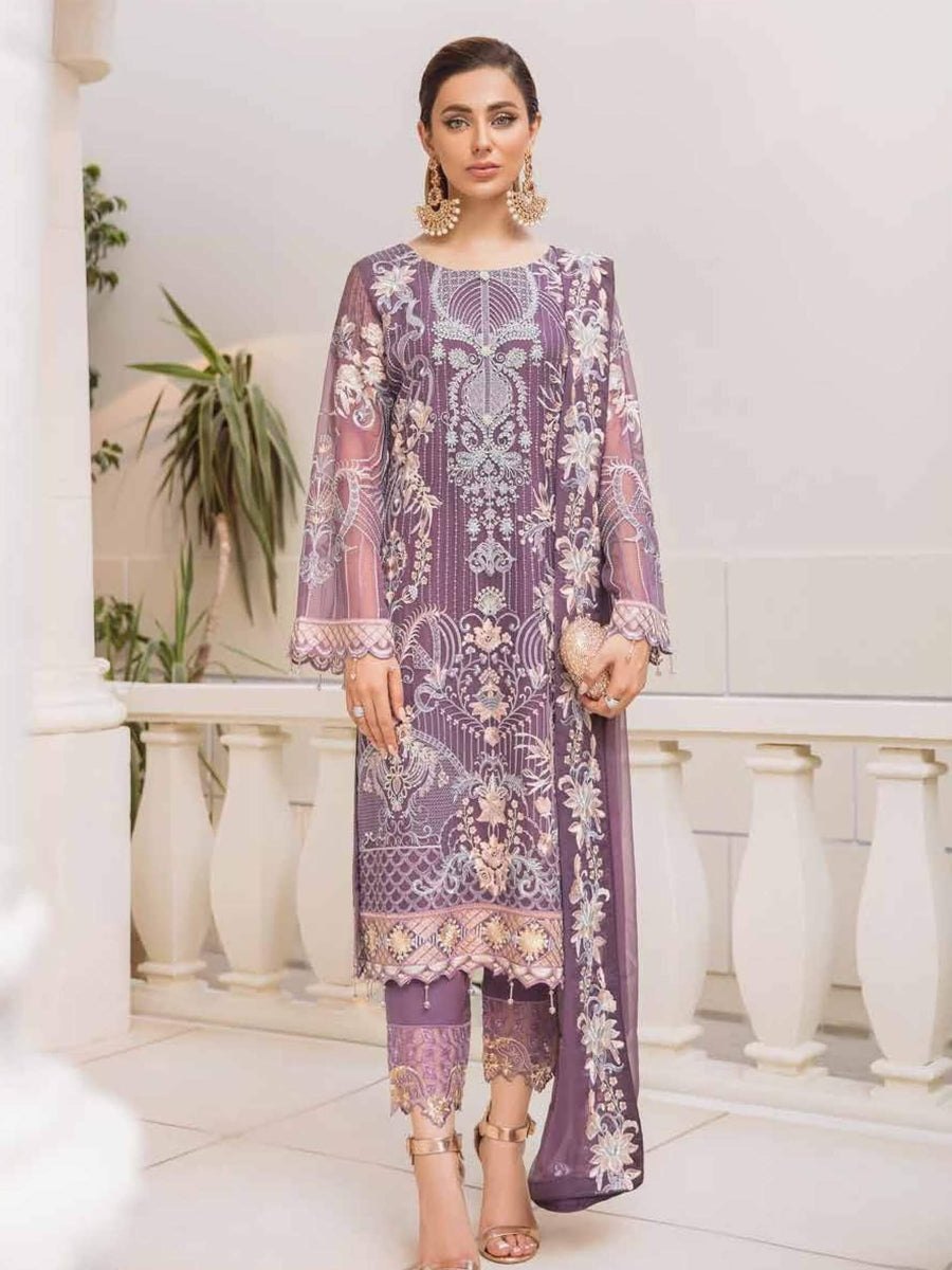 Ramsha Chevron Vol-04 Luxury Chiffon Unstitched 3pc Suit A-408 - FaisalFabrics.pk