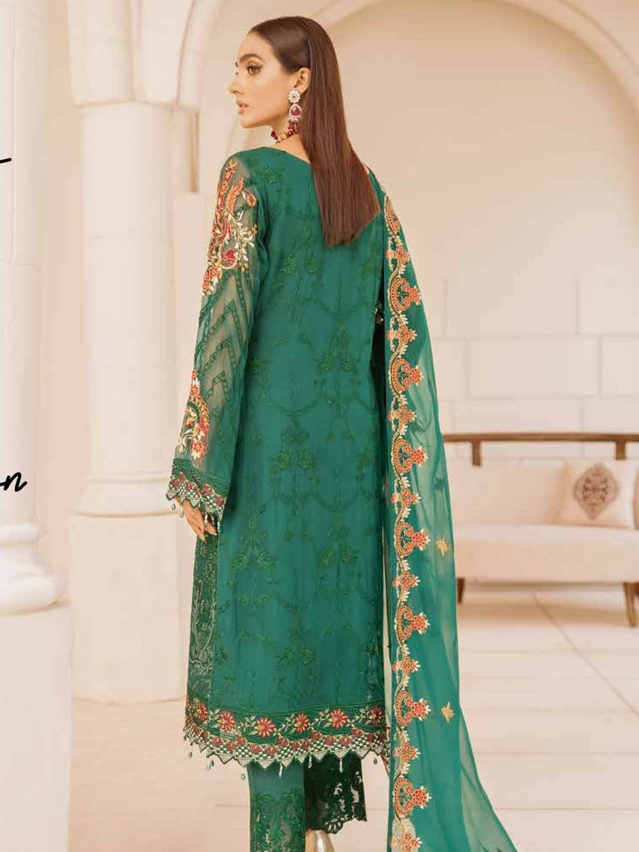 Ramsha Chevron Vol-04 Luxury Chiffon Unstitched 3pc Suit A-409 - FaisalFabrics.pk