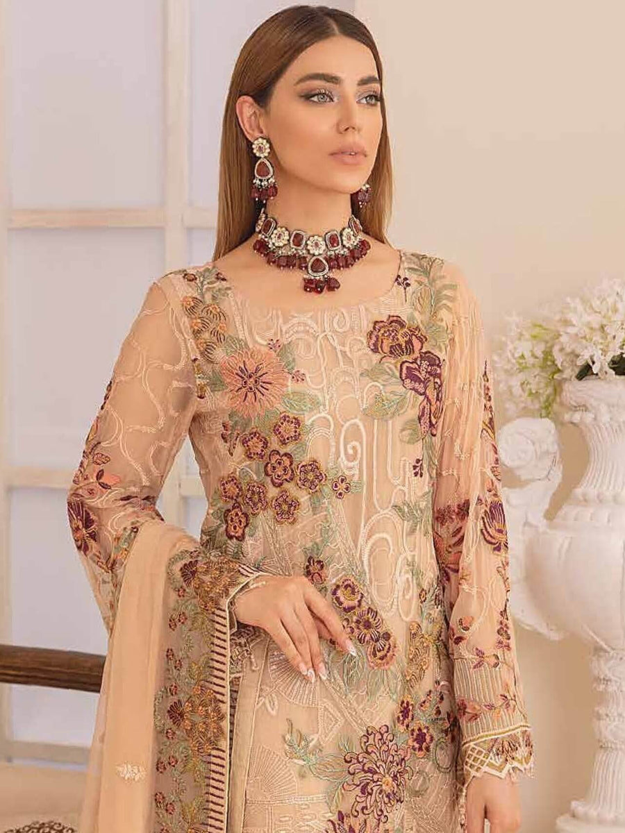 Ramsha Chevron Vol-04 Luxury Chiffon Unstitched 3pc Suit A-410 - FaisalFabrics.pk