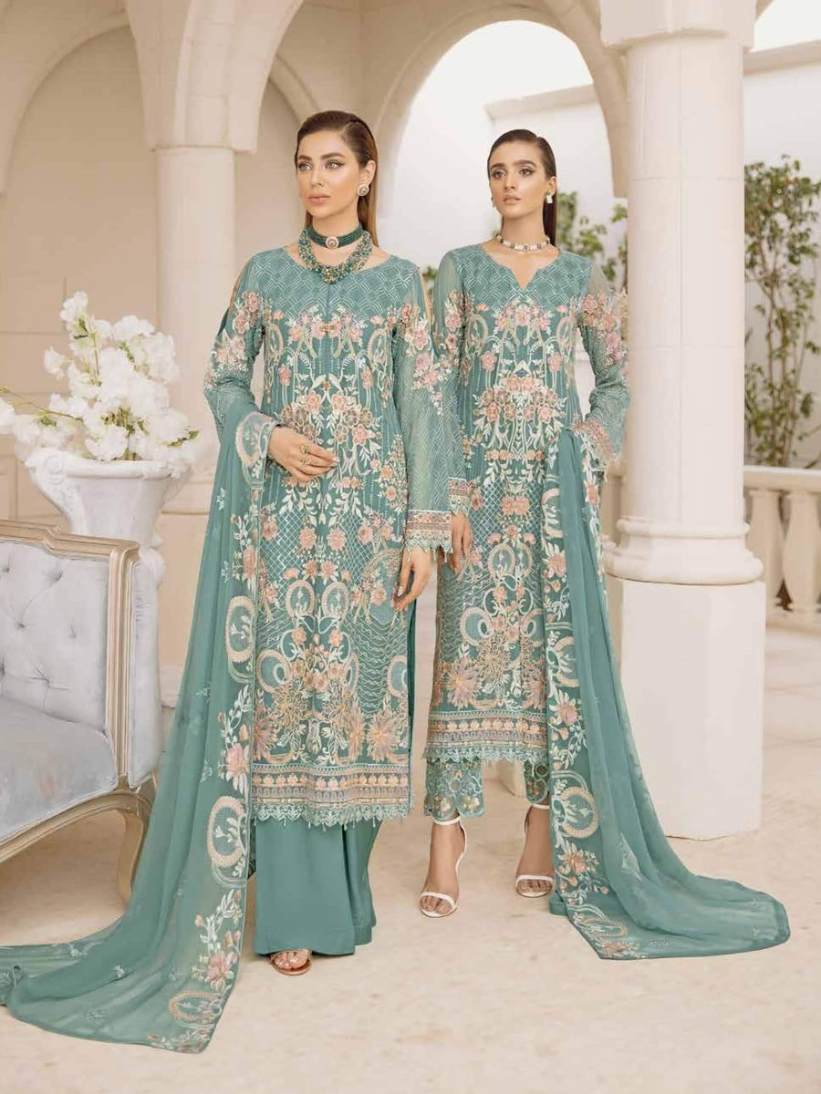 Ramsha Chevron Vol-04 Luxury Chiffon Unstitched 3pc Suit A-411 - FaisalFabrics.pk