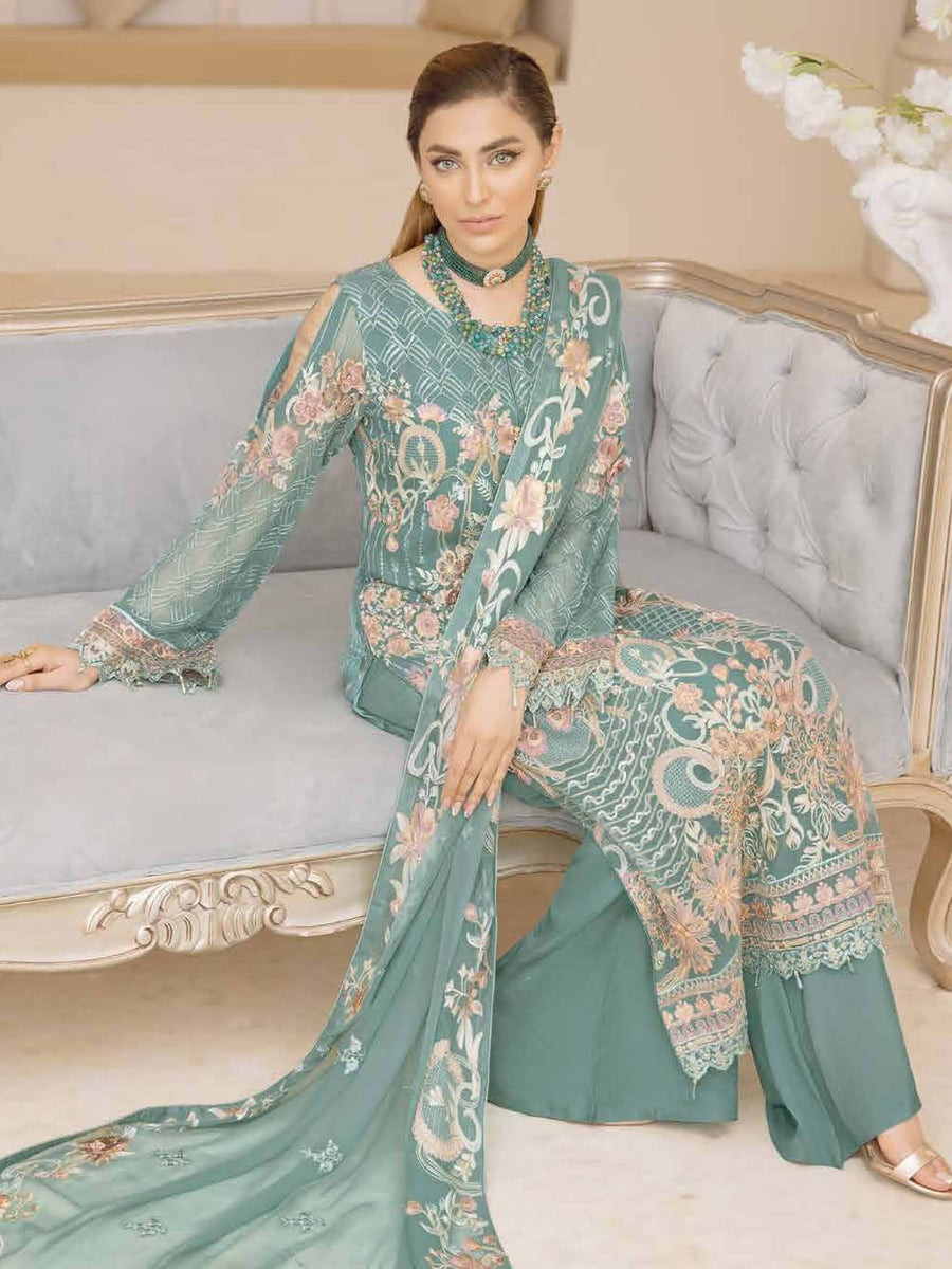 Ramsha Chevron Vol-04 Luxury Chiffon Unstitched 3pc Suit A-411 - FaisalFabrics.pk