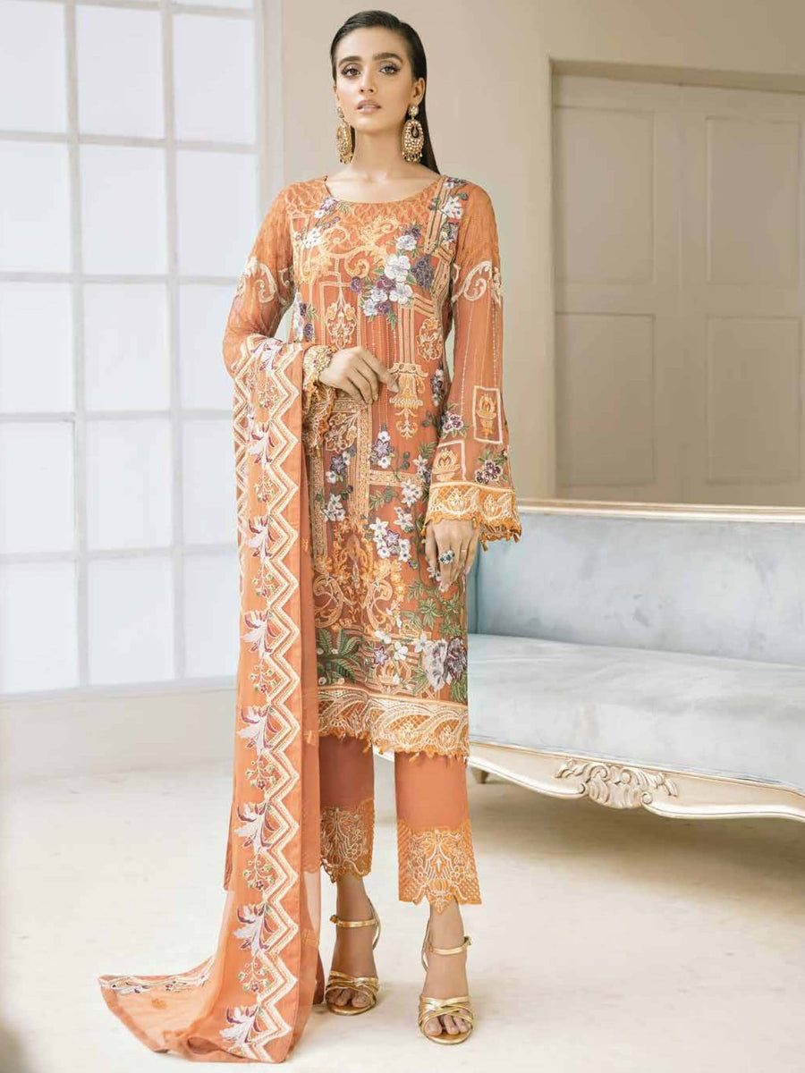 Ramsha Chevron Vol-04 Luxury Chiffon Unstitched 3pc Suit A-412 - FaisalFabrics.pk