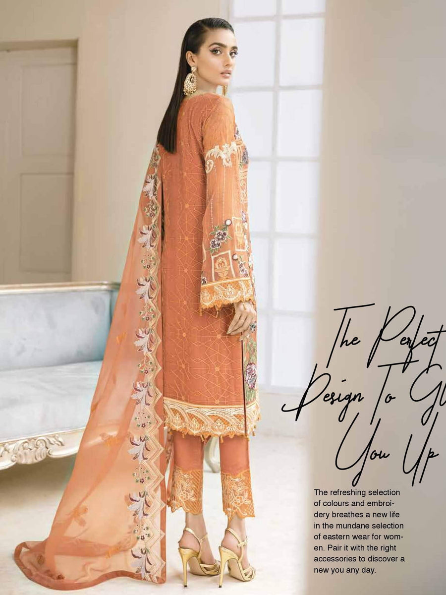 Ramsha Chevron Vol-04 Luxury Chiffon Unstitched 3pc Suit A-412 - FaisalFabrics.pk