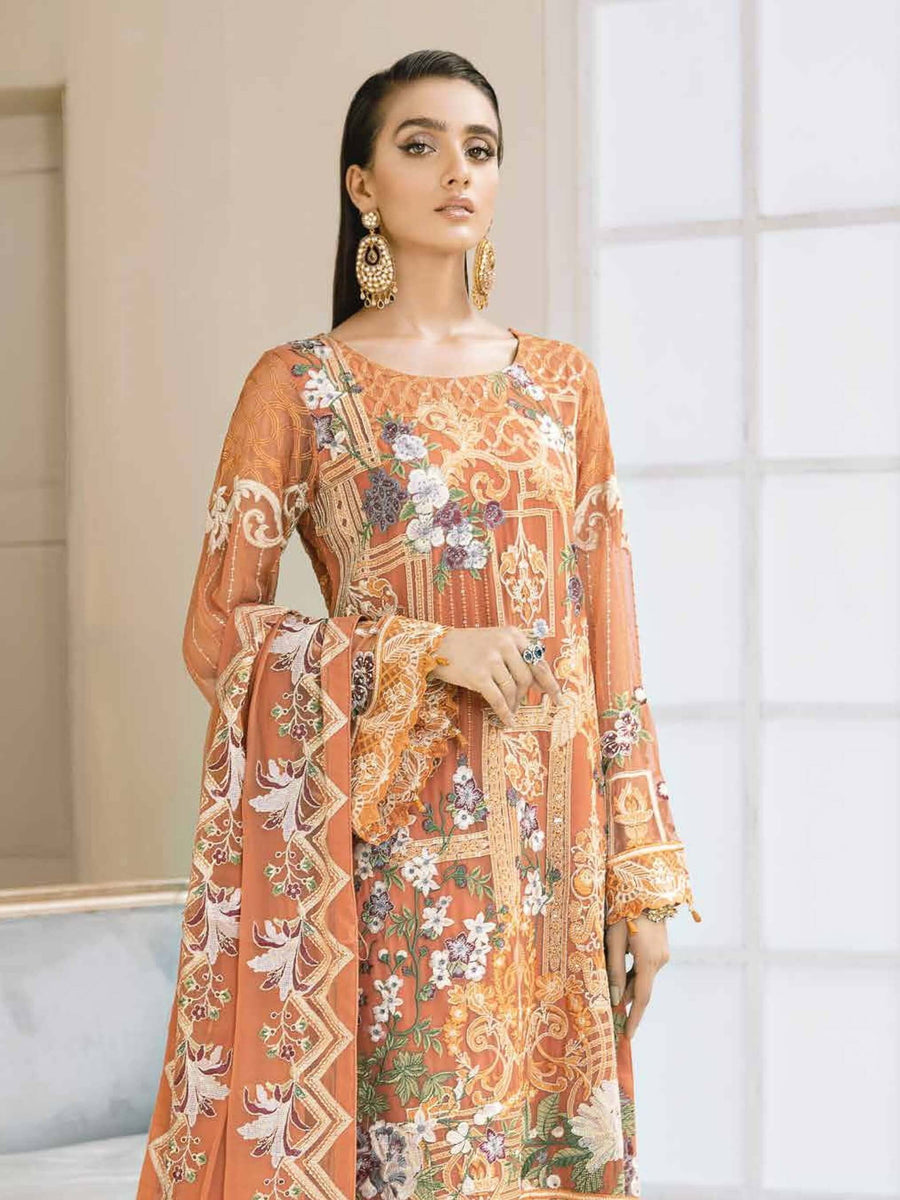Ramsha Chevron Vol-04 Luxury Chiffon Unstitched 3pc Suit A-412 - FaisalFabrics.pk