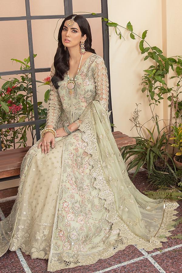 Serene Soiree Premium Formal Wedding Unstitched 3Pc Suit S-1031 OLIVE MOSS - FaisalFabrics.pk