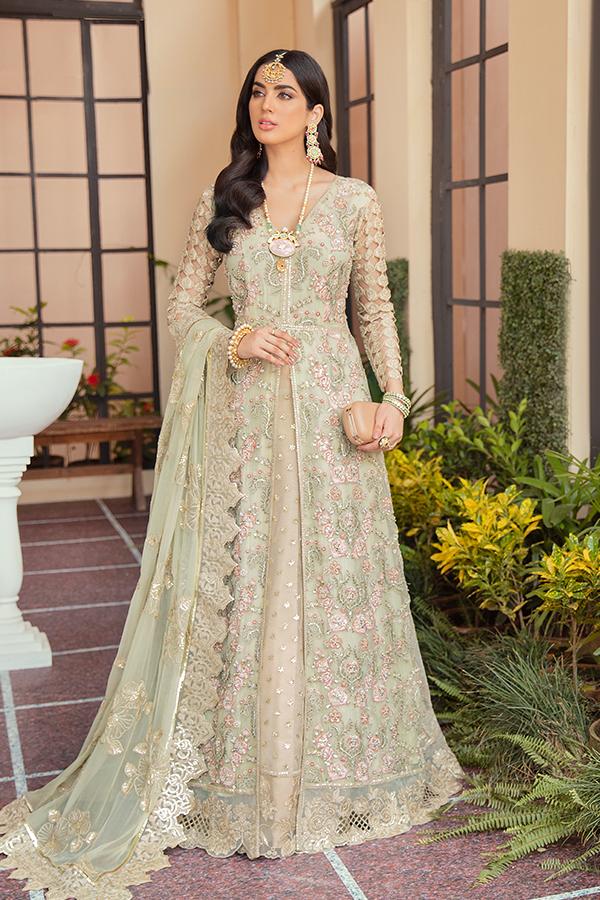 Serene Soiree Premium Formal Wedding Unstitched 3Pc Suit S-1031 OLIVE MOSS - FaisalFabrics.pk