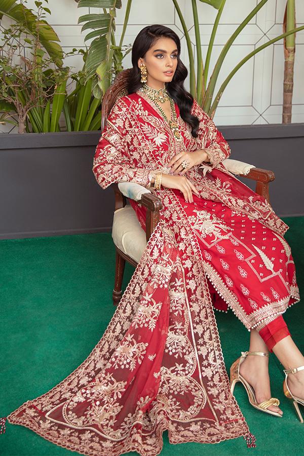 Serene Soiree Premium Formal Wedding Unstitched 3Pc Suit S-1034 CRIMSON ALLURE - FaisalFabrics.pk