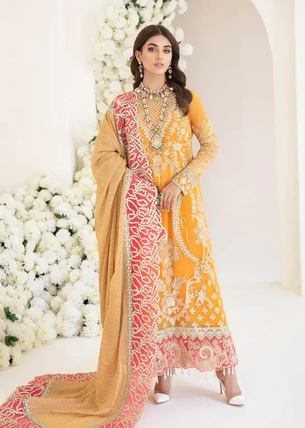 Serene Premium Embroidered Fleur 3Pc Chiffon Suit S-1063 MARIGOLD