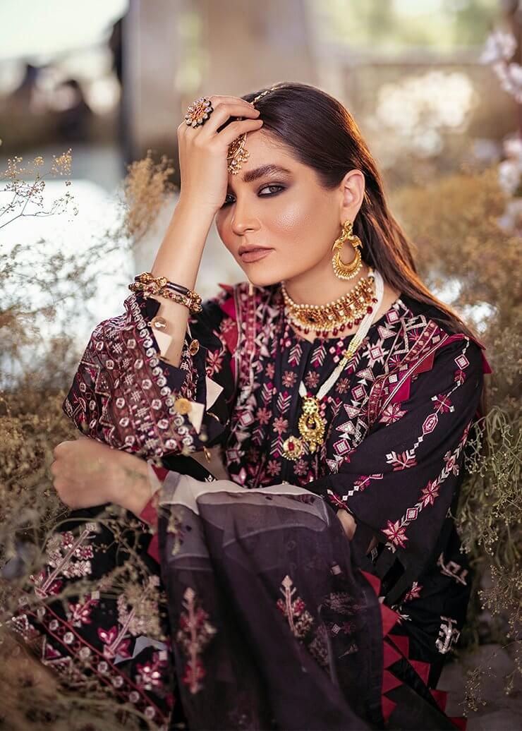 Afrozeh Luxury Lawn Unstitched 3 Piece Embroidered Suit D-01 Smokey Oynx - FaisalFabrics.pk
