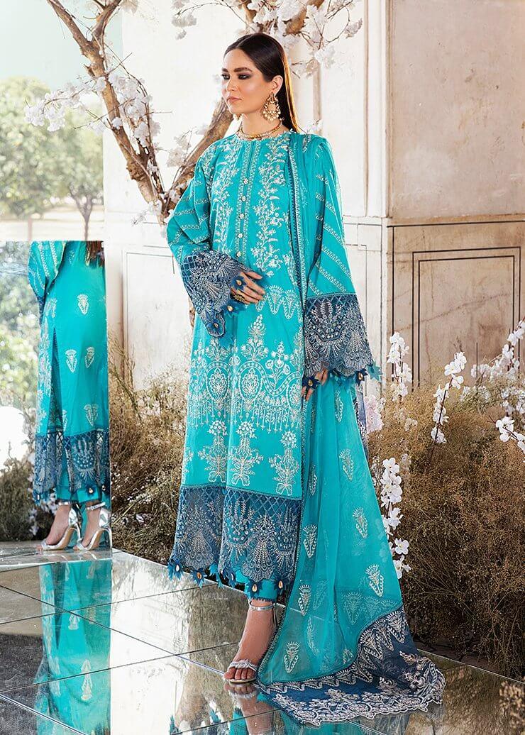 Afrozeh Luxury Lawn Unstitched 3 Piece Embroidered Suit D-02 Teal Swan - FaisalFabrics.pk