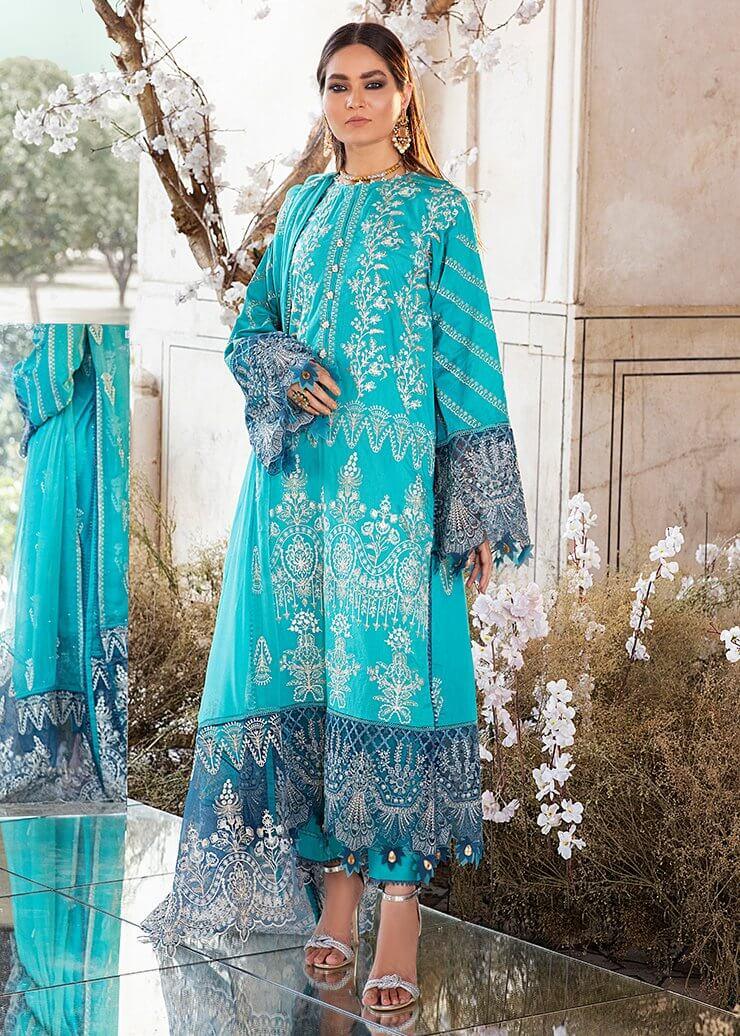 Afrozeh Luxury Lawn Unstitched 3 Piece Embroidered Suit D-02 Teal Swan - FaisalFabrics.pk