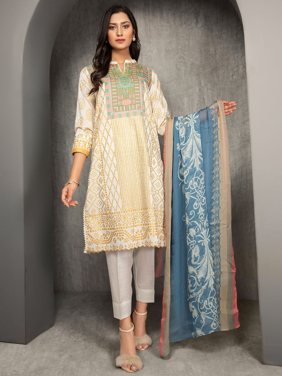 LimeLight Summer Unstitched Lawn 2 Piece Printed Suit U1194 Off White - FaisalFabrics.pk