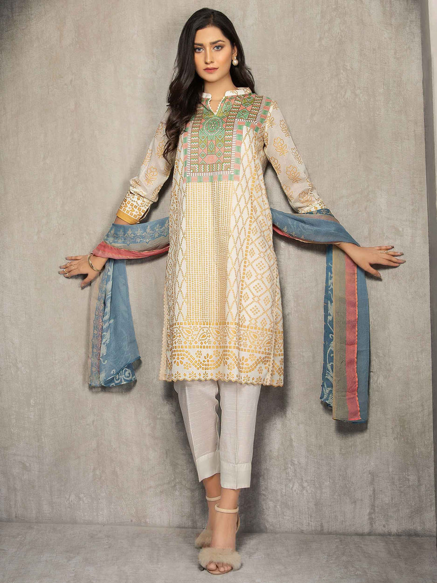 LimeLight Summer Unstitched Lawn 2 Piece Printed Suit U1194 Off White - FaisalFabrics.pk
