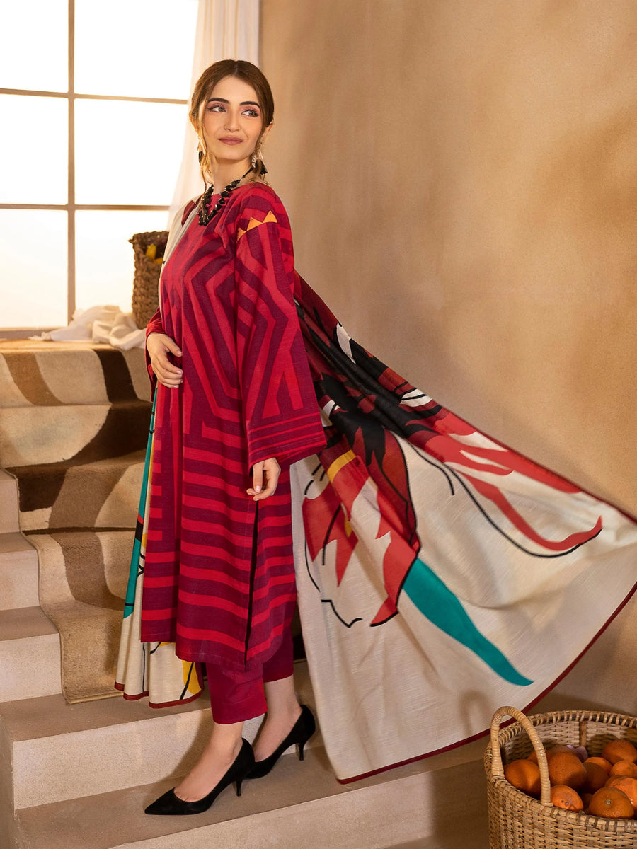 LimeLight Winter Unstitched Printed Khaddar 2Pc Suit U2062 Red