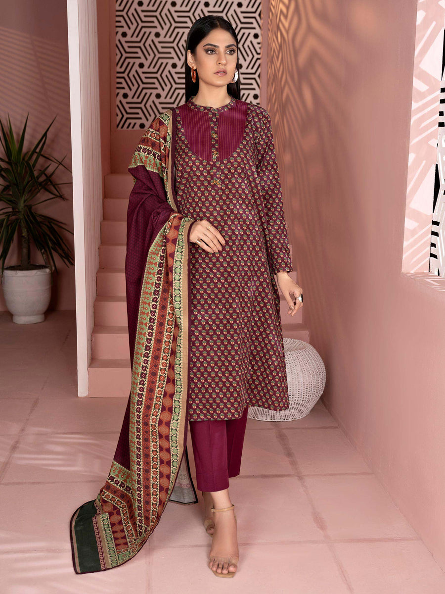 LimeLight Winter Unstitched Printed Khaddar 3Pc Suit U2107 Plum
