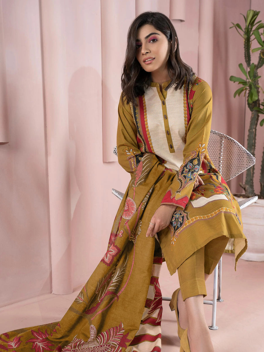 LimeLight Winter Unstitched Printed Khaddar 3Pc Suit U2108 Olive Green