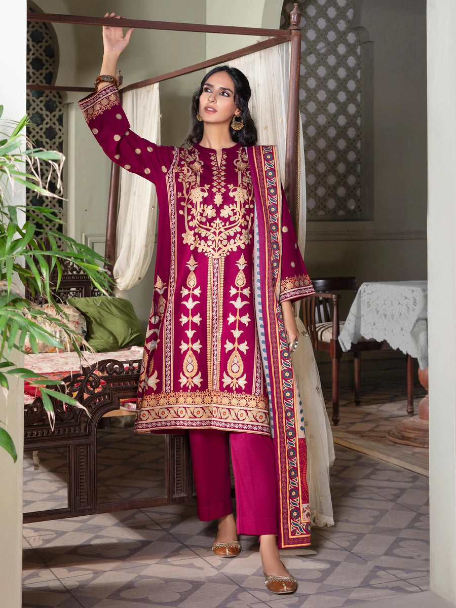 LimeLight Winter Unstitched Printed Khaddar 3Pc Suit U2111 Maroon