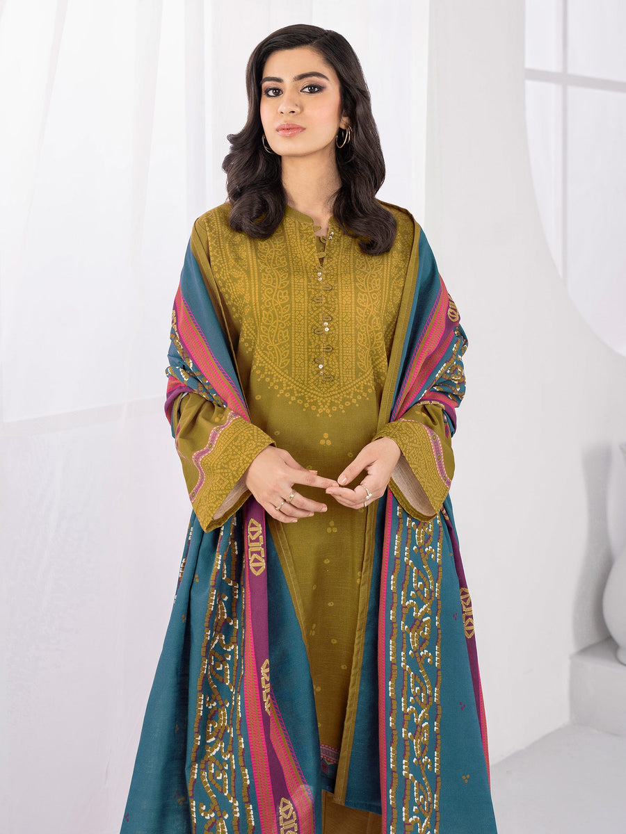 LimeLight Winter Unstitched Printed Khaddar 3Pc Suit U2115 Army Green