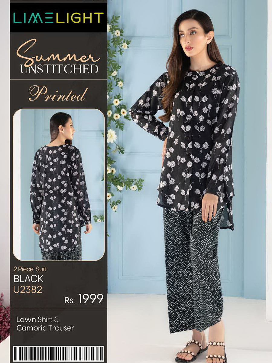 LimeLight Summer Unstitched Printed Lawn 2 Piece Suit U2382 Black