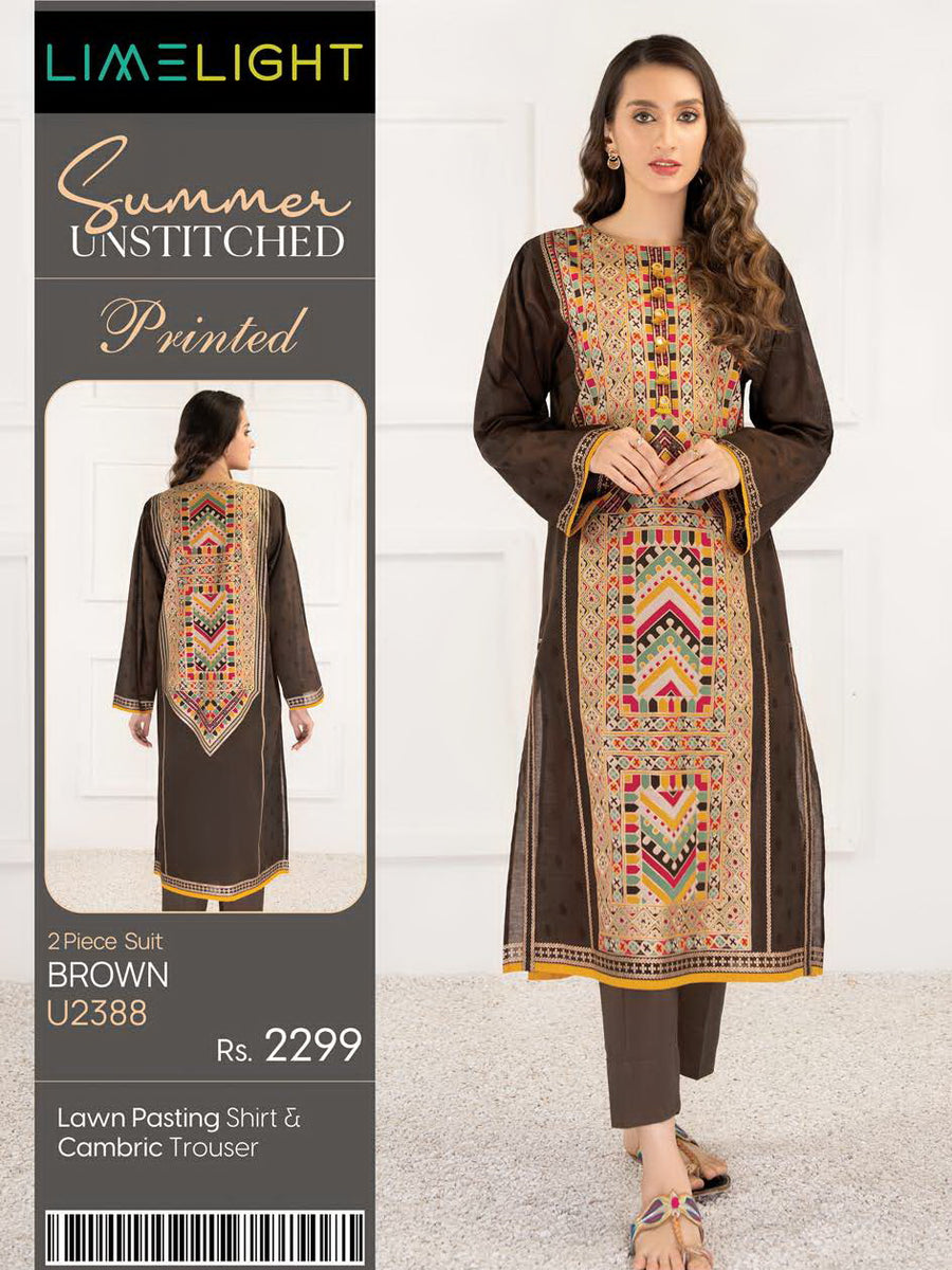 LimeLight Summer Unstitched Printed Lawn 2 Piece Suit U2388 Brown