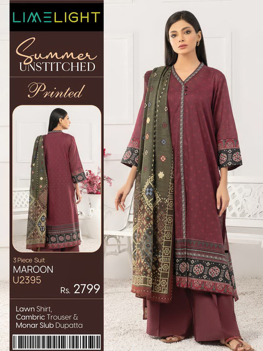 LimeLight Summer Unstitched Printed Lawn 3 Piece Suit U2395 Maroon