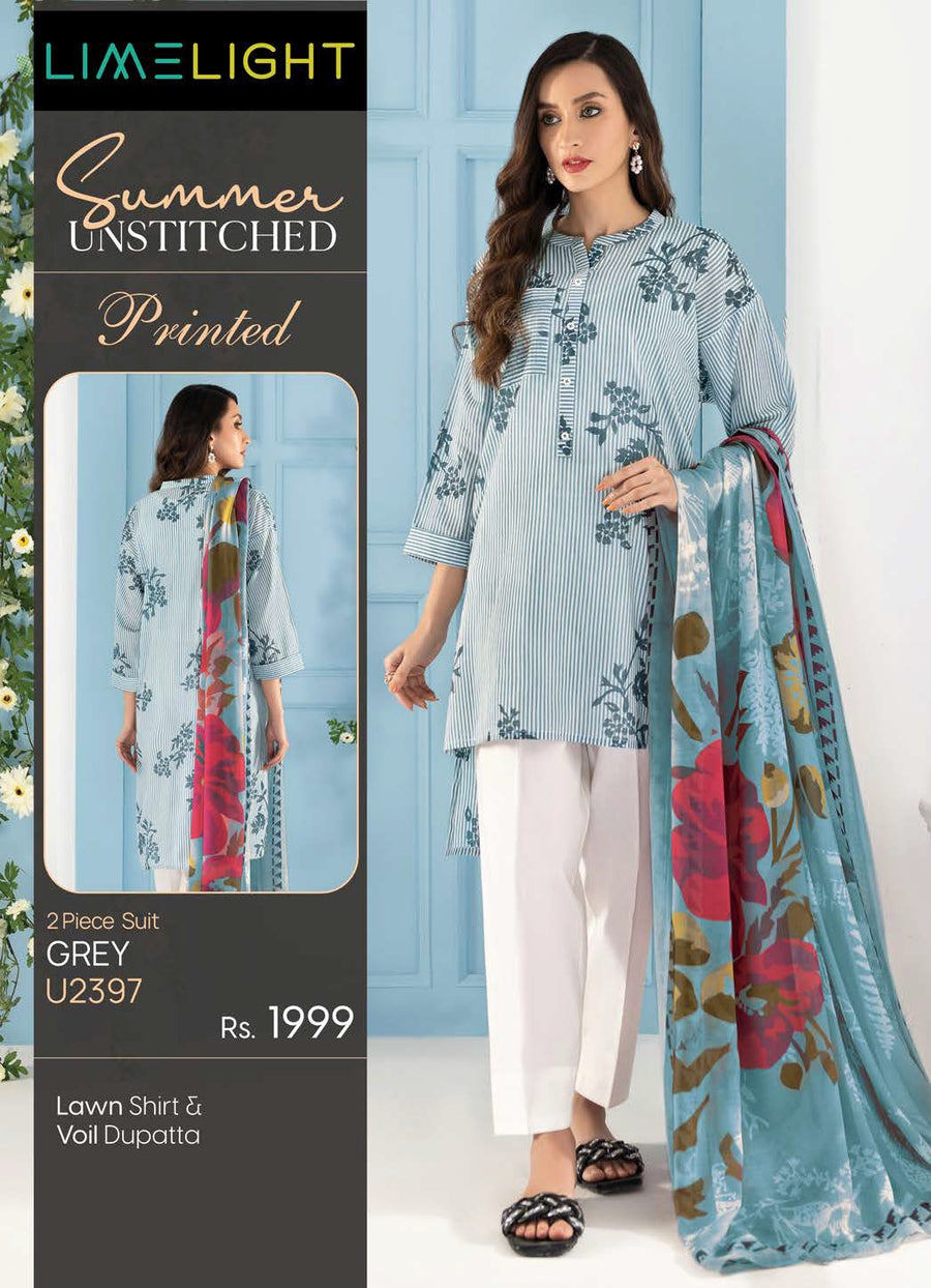 LimeLight Vol-02 Summer Unstitched Printed Lawn 2 Piece Suit U2397 Grey