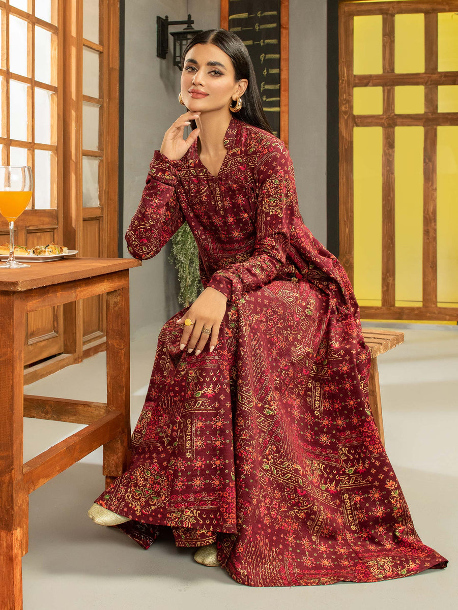 LimeLight Winter Unstitched Printed Khaddar 1Pc Shirt U2520 Maroon