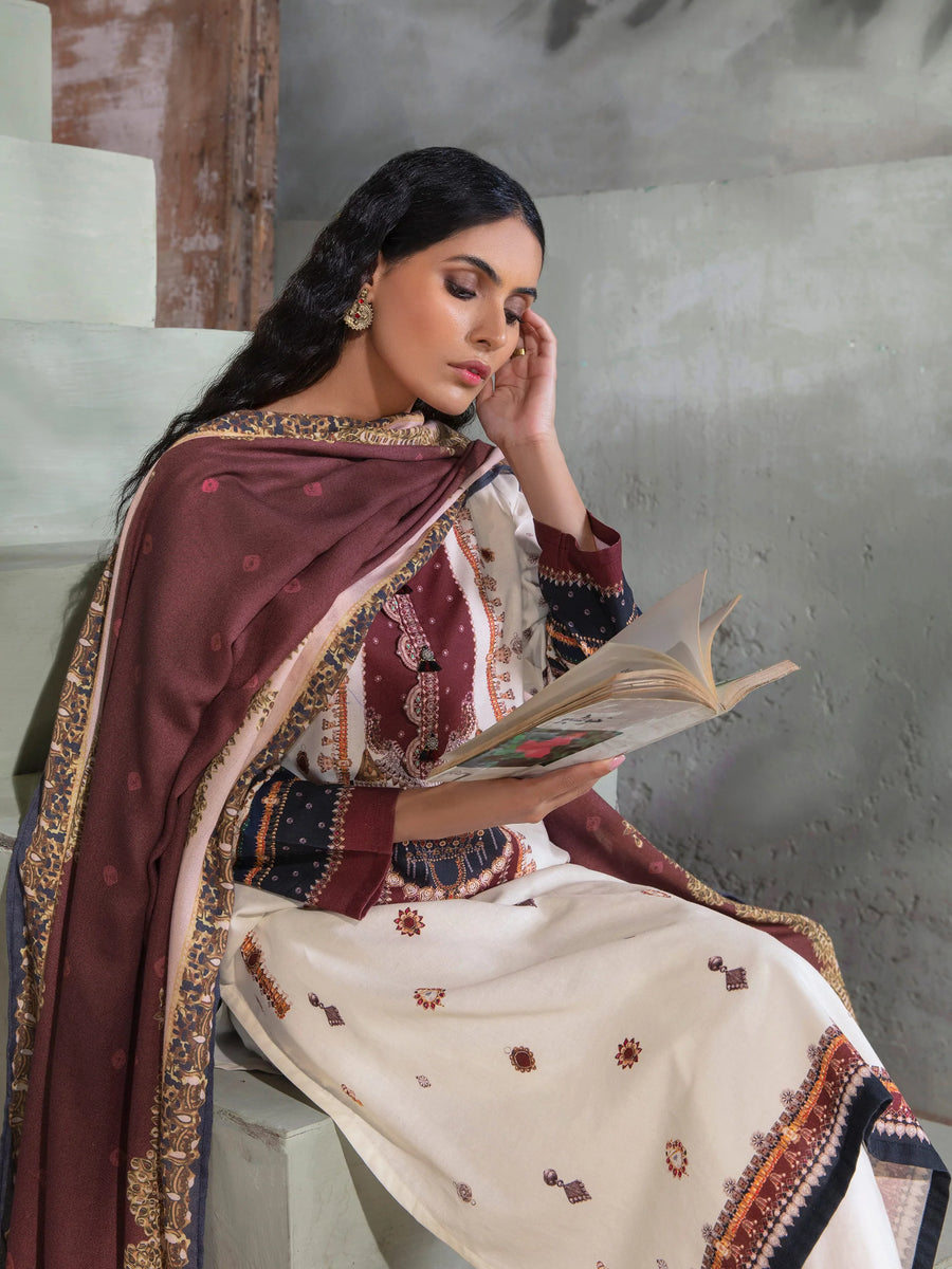 LimeLight Winter Unstitched Printed Khaddar 2Pc Suit U2554 Cream