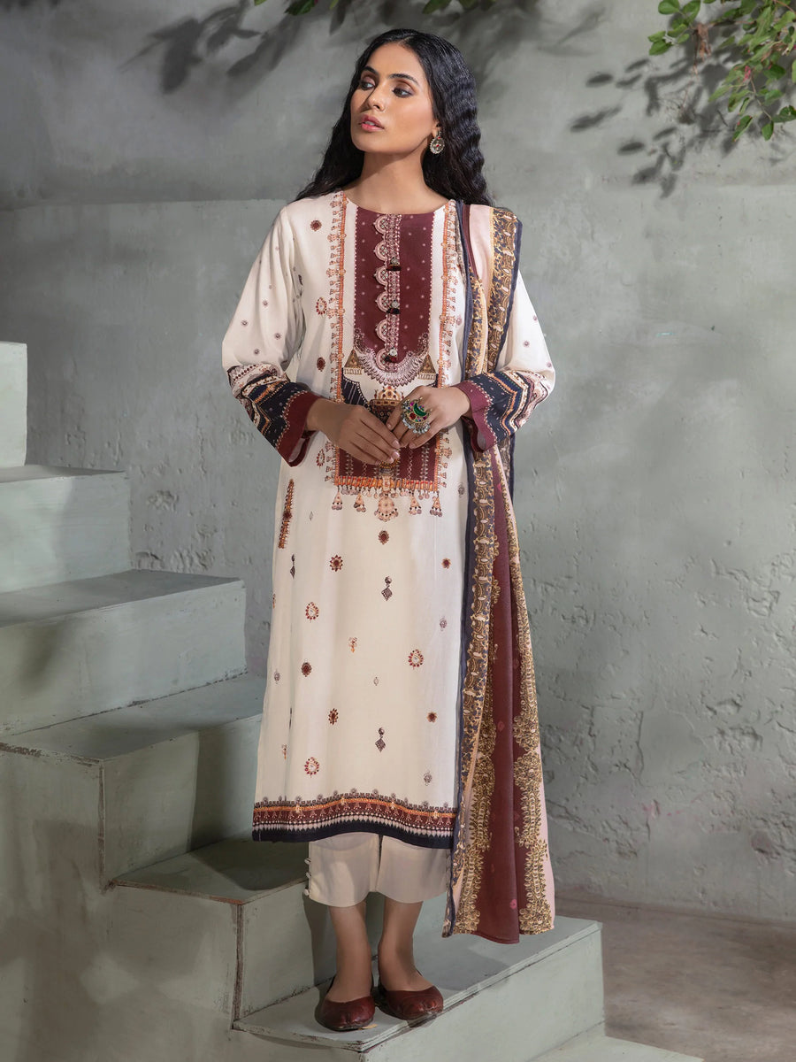 LimeLight Winter Unstitched Printed Khaddar 2Pc Suit U2554 Cream