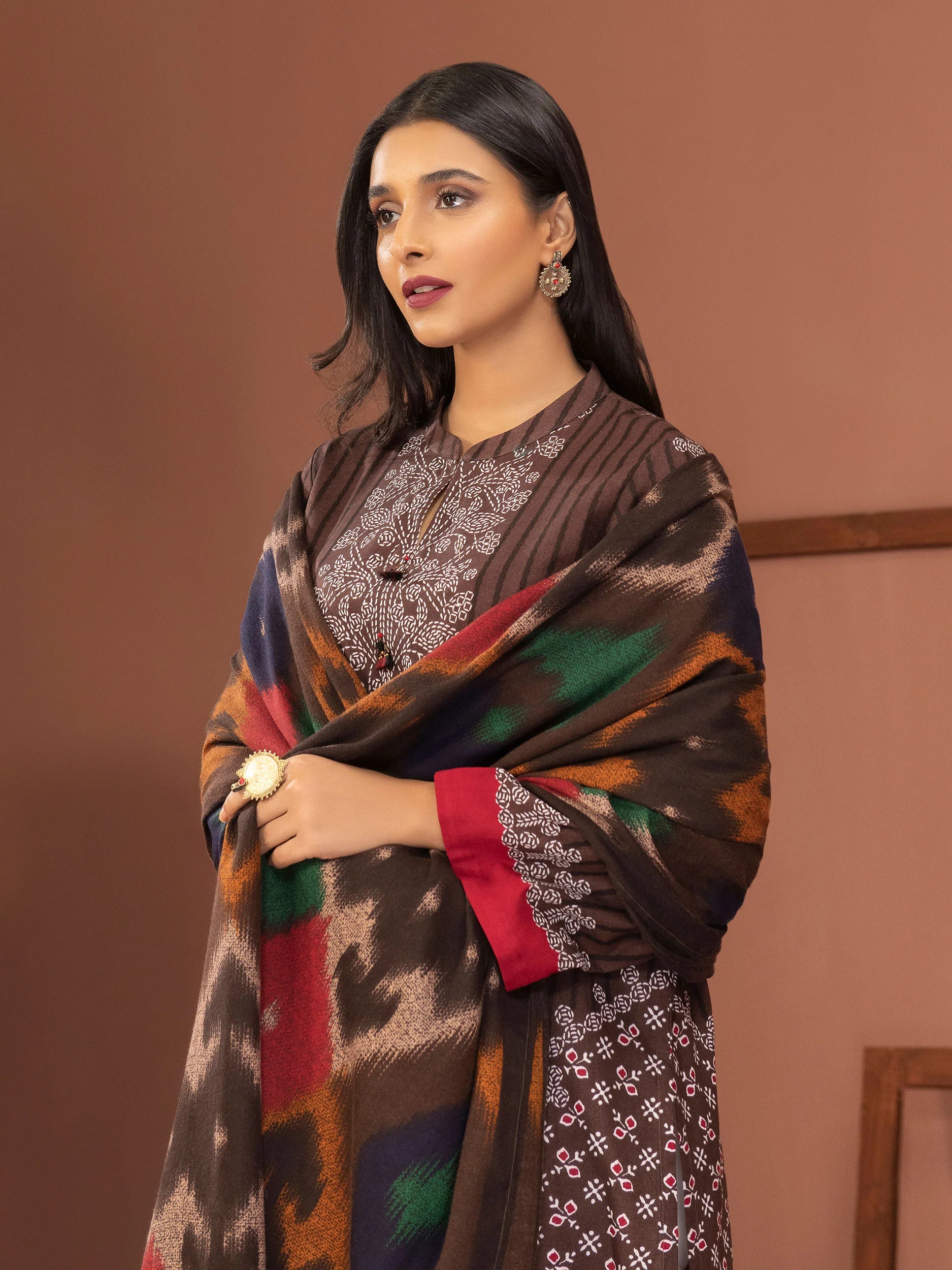 LimeLight Winter Unstitched Printed Khaddar 2Pc Suit U2562 Brown