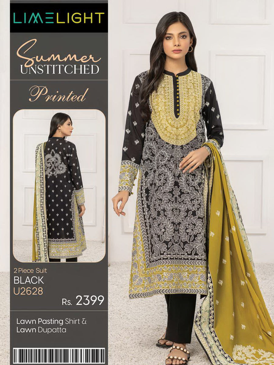 LimeLight Summer Unstitched Printed Lawn 2 Piece Suit U2628 Black