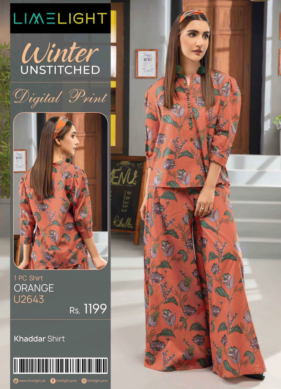 LimeLight Winter Unstitched Printed Khaddar 1Pc Shirt U2643 Orange