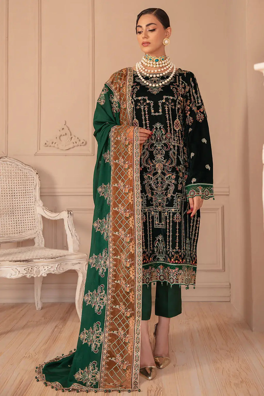 Ramsha Velvet Collection Vol-05 Unstitched Embroidered 3Pc Suit V-502