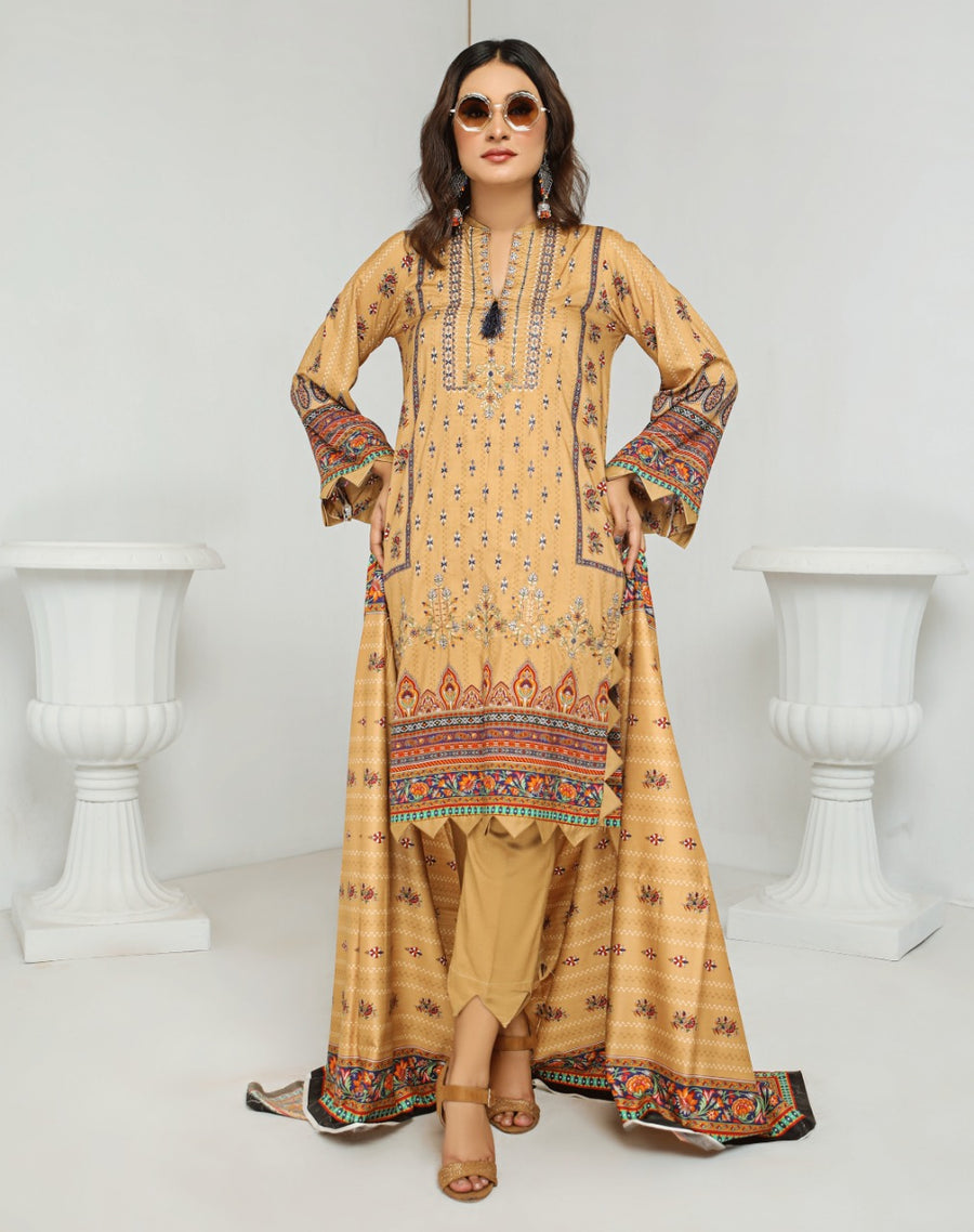 Florence Vol-10 Embroidered Staple Linen Unstitched 3Pc Suit D-02