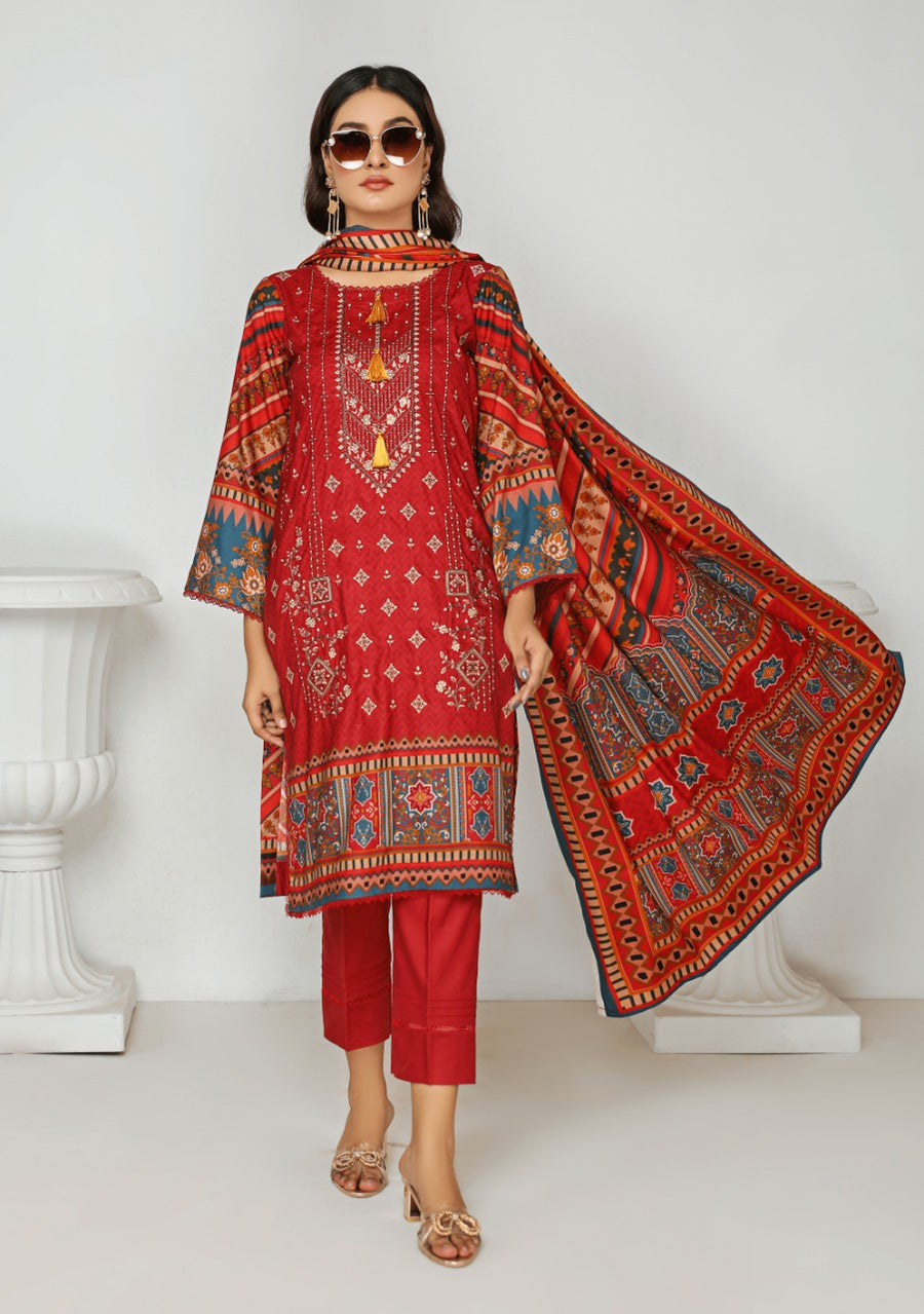 Florence Vol-10 Embroidered Staple Linen Unstitched 3Pc Suit D-09