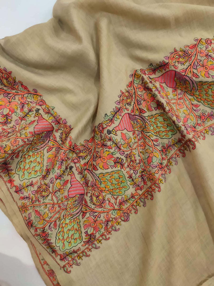Womens Kashmiri Hand Embroidered Shawl, Border Design Work RK-11 - FaisalFabrics.pk