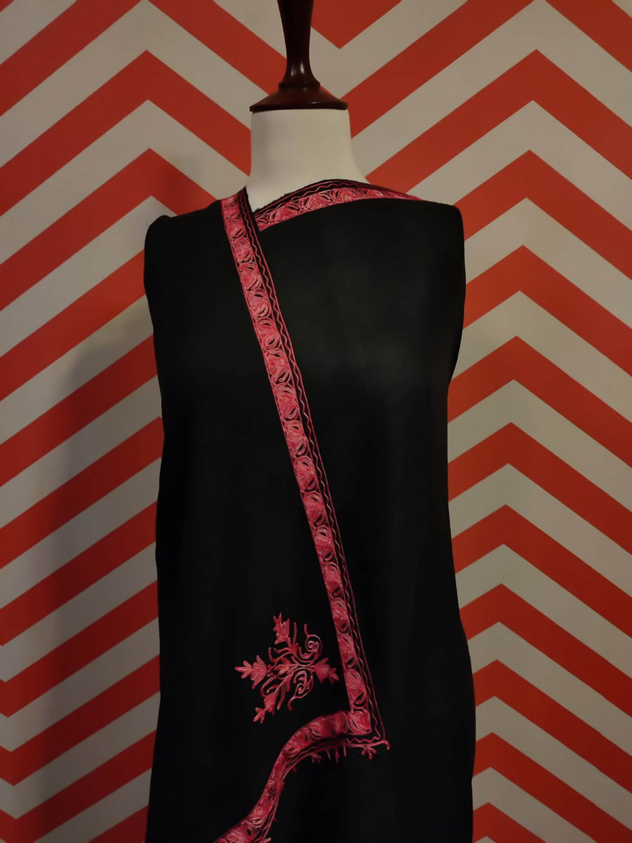 Womens Pashmina Wool Shawl with Embroidery Border work RK-53 - FaisalFabrics.pk