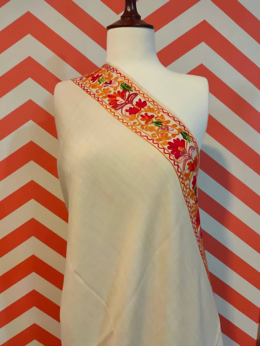 Womens Pashmina Wool Shawl with Embroidery Border work RKB-23 - FaisalFabrics.pk