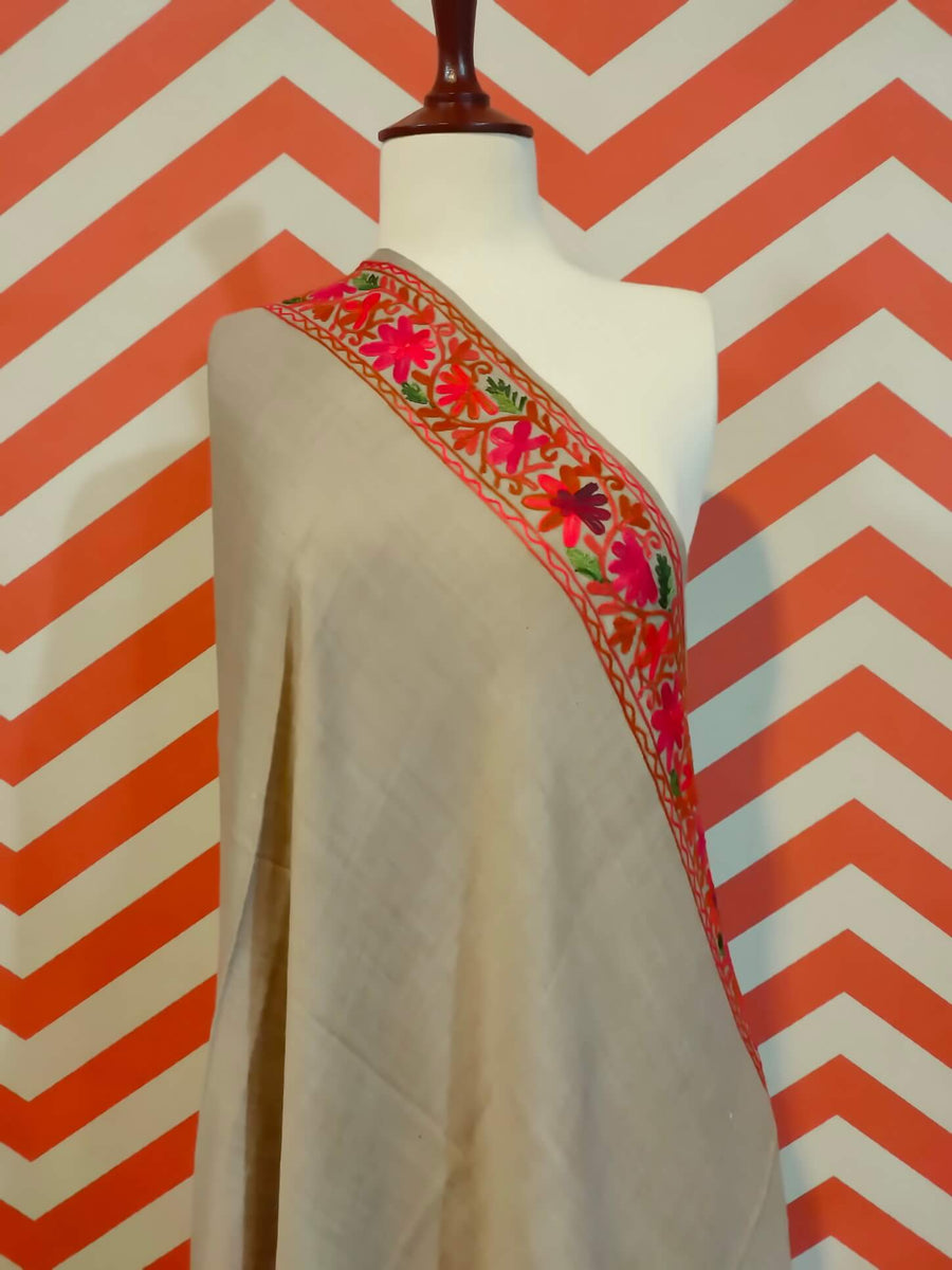 Womens Pashmina Wool Shawl with Embroidery Border work RKB-24 - FaisalFabrics.pk