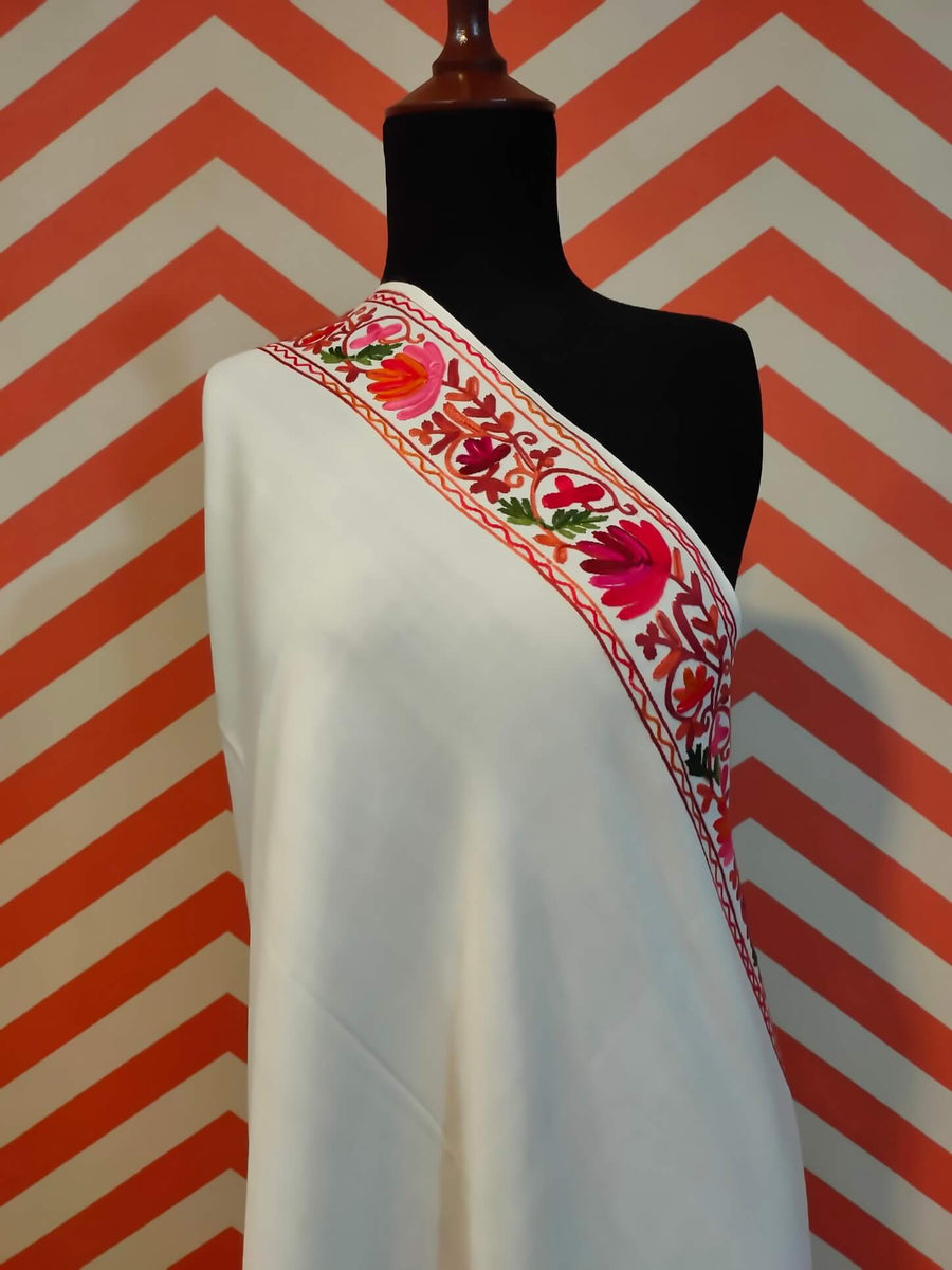 Womens Pashmina Wool Shawl with Embroidery Border work RKB-27 - FaisalFabrics.pk