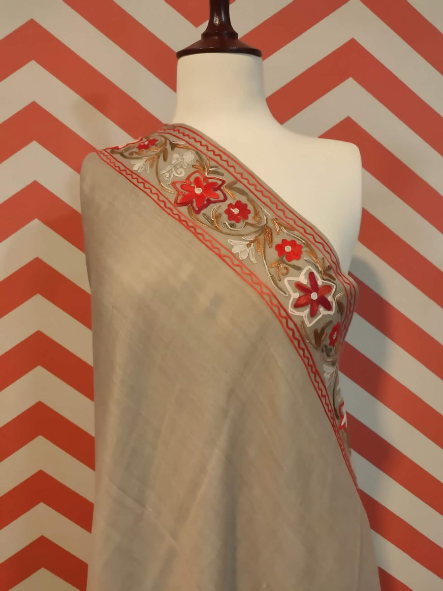 Womens Pashmina Wool Shawl with Embroidery Border work RKB-29 - FaisalFabrics.pk