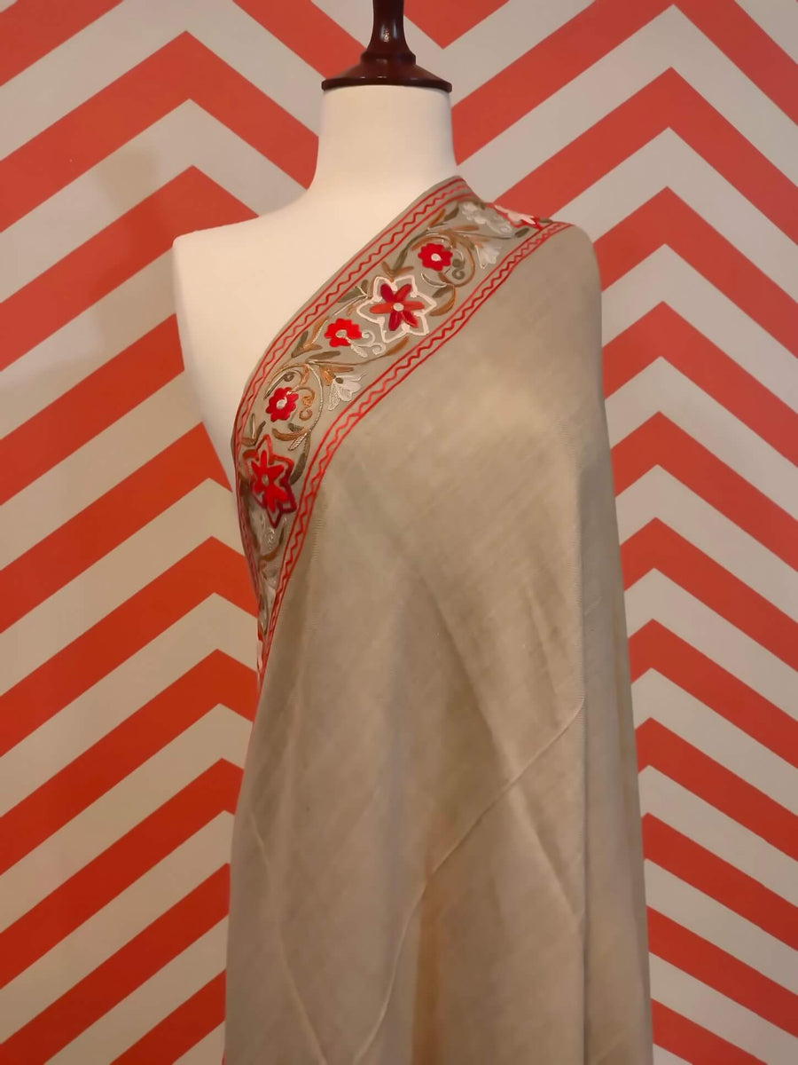 Womens Pashmina Wool Shawl with Embroidery Border work RKB-29 - FaisalFabrics.pk
