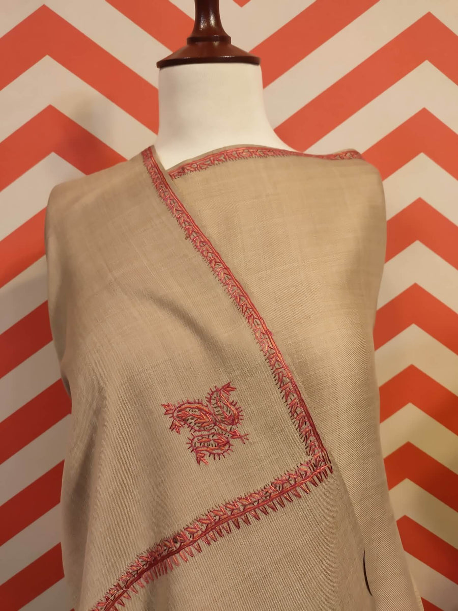 Womens Kashmiri Hand Embroidered Shawl, Border Design Work RKF-208 - FaisalFabrics.pk