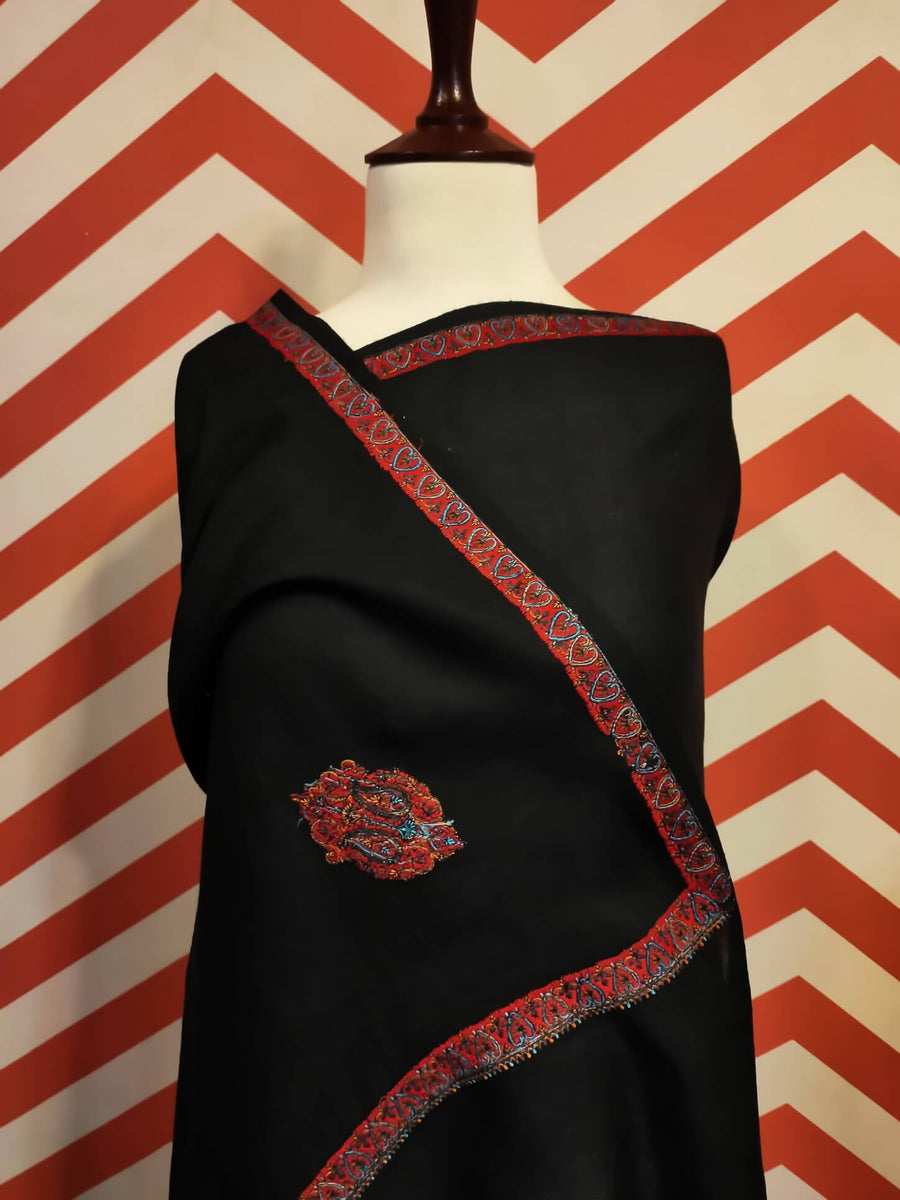 Womens Kashmiri Hand Embroidered Shawl, Border Design Work RKK-83 - FaisalFabrics.pk