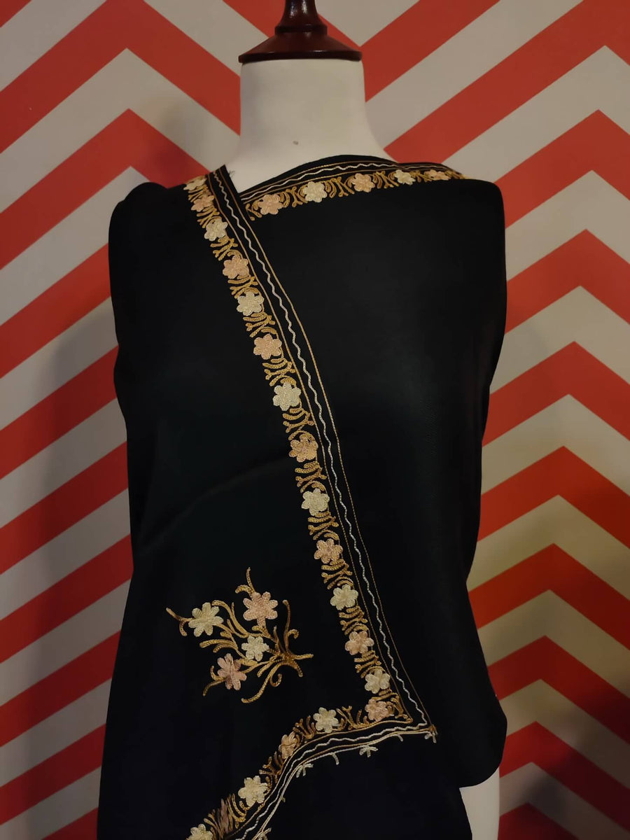 Womens Pashmina Wool Shawl with Embroidery Border work RKM-61 - FaisalFabrics.pk