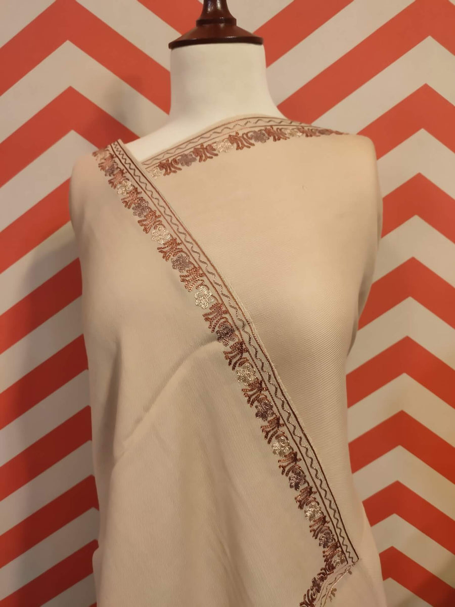 Womens Pashmina Wool Shawl with Embroidery Border work RKM-62 - FaisalFabrics.pk